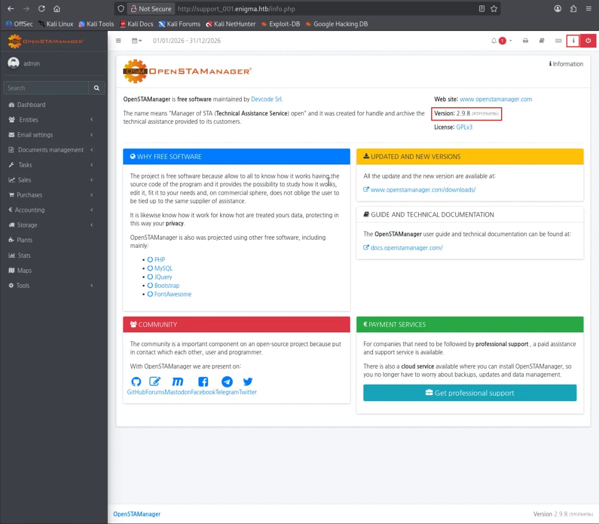OpenSTAManager 버전이 2.9.8임을 확인한 관리 화면