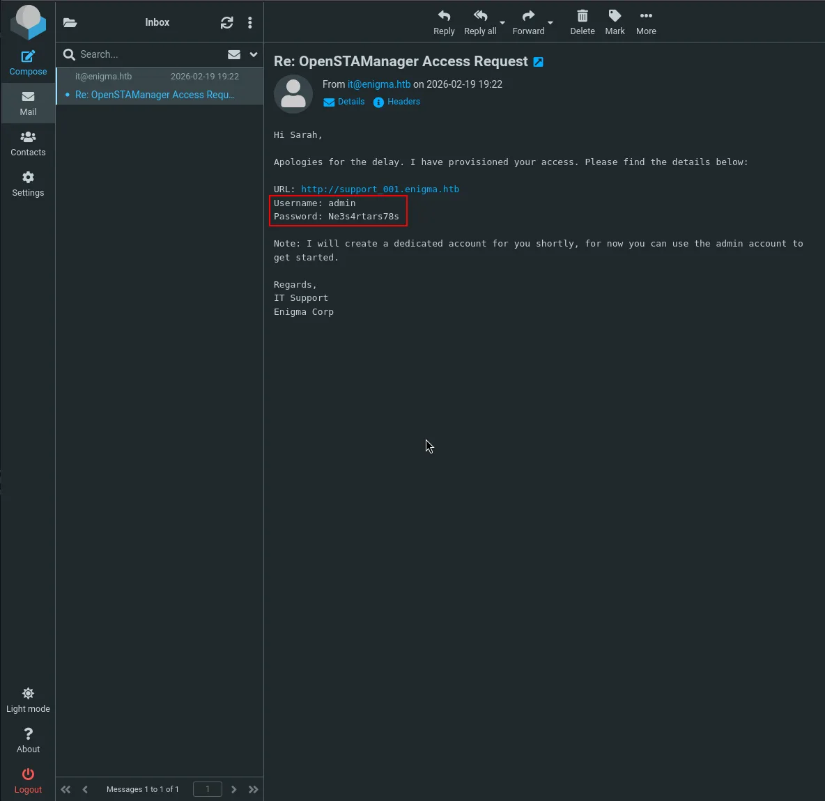 Sarah 메일함의 'Re: OpenSTAManager Access Request' 메일 — admin 자격증명 노출