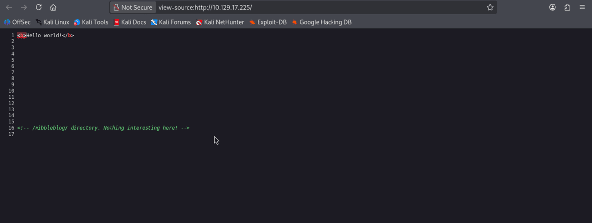 view-source로 확인한 응답 원문 — 16번 줄에 /nibbleblog 경로를 알려주는 HTML 주석이 있다