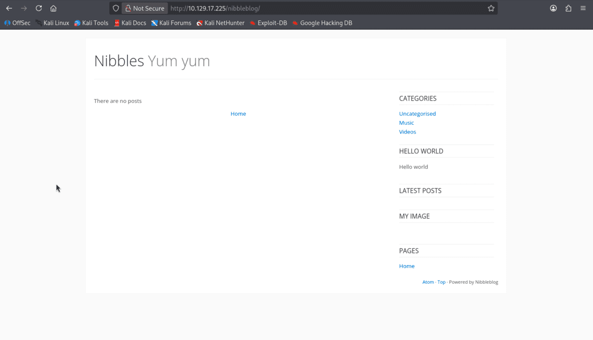 /nibbleblog/ 경로의 Nibbles Yum yum 블로그 메인 — 우측에 MY IMAGE 플러그인 영역이 보인다