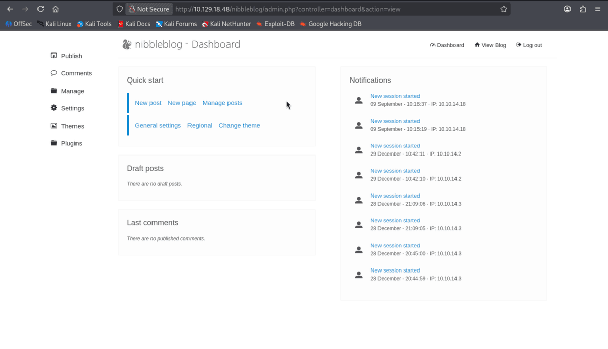 로그인에 성공한 nibbleblog 대시보드 — Publish, Comments, Manage, Settings, Themes, Plugins 메뉴가 보인다