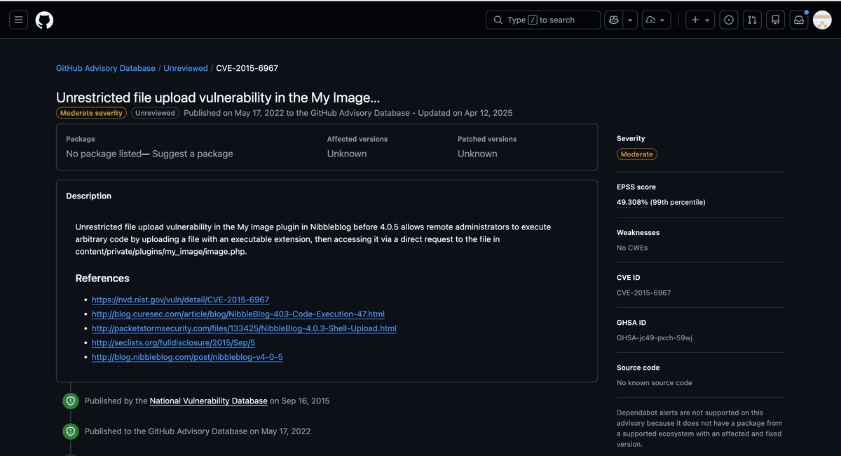 CVE-2015-6967 GitHub Advisory 화면 — My Image 플러그인의 unrestricted file upload로 설명돼 있다