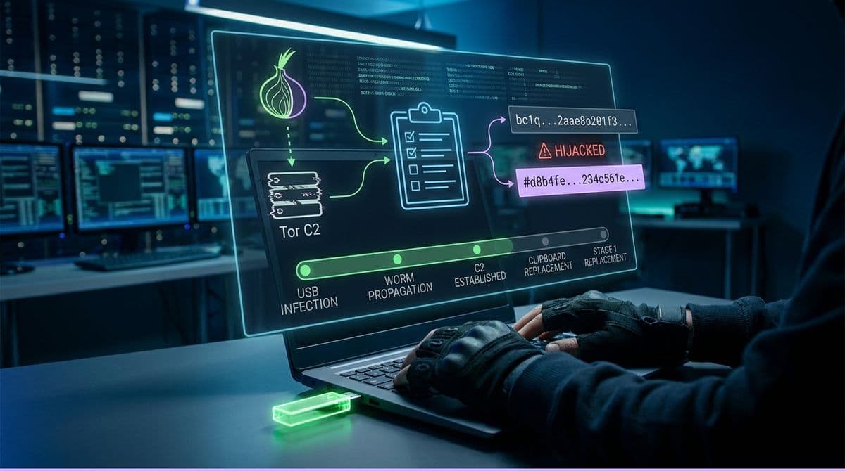 CryptoBandits 클리퍼: USB 웜·Tor C2로 지갑 주소를 바꾸는 6단계