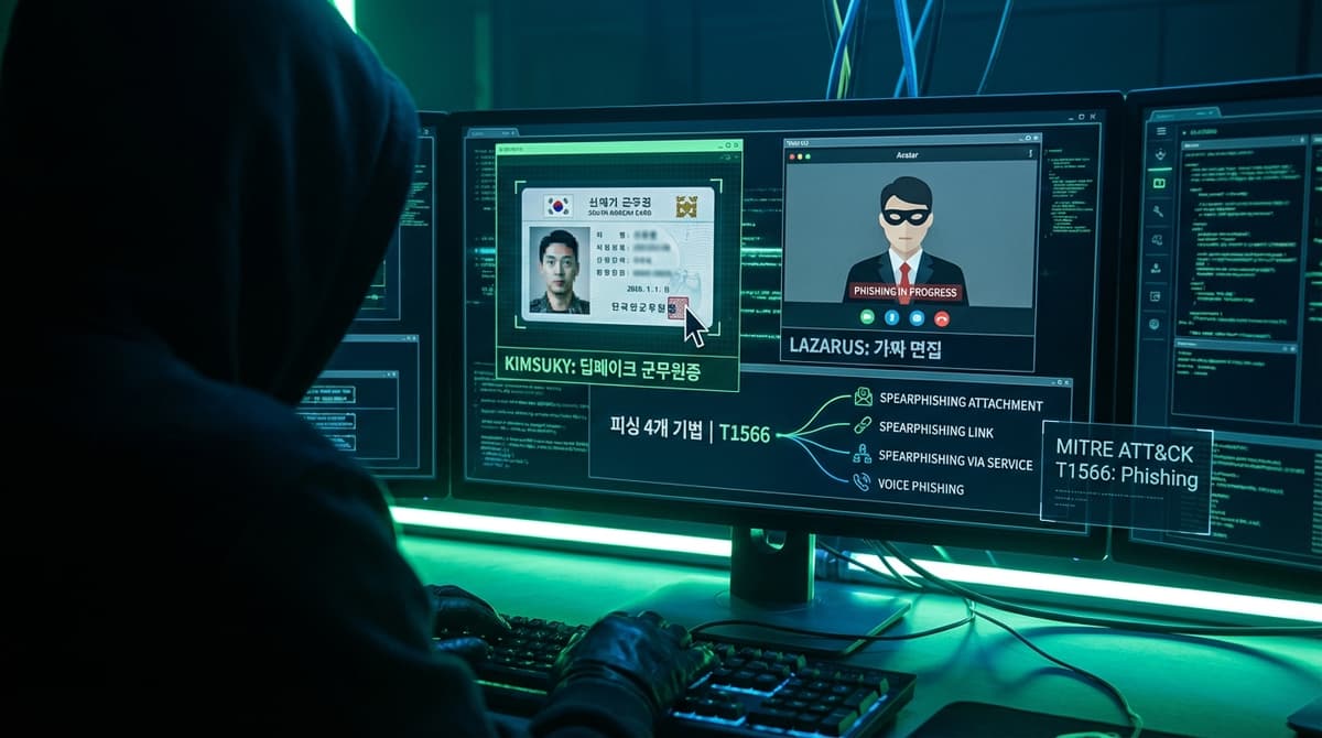 Kimsuky의 딥페이크 군무원증부터 Lazarus의 가짜 면접까지: 피싱 4개 기법 | T1566