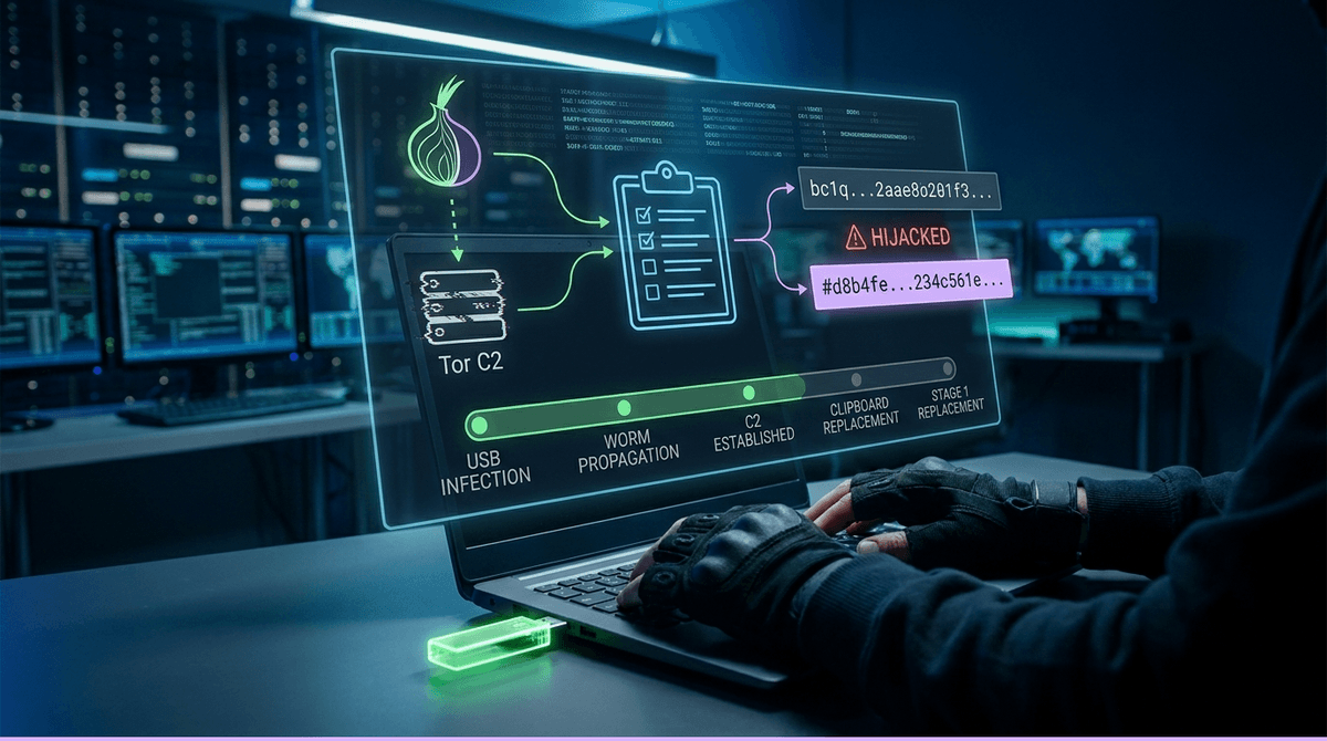 CryptoBandits 클리퍼: USB 웜·Tor C2로 지갑 주소를 바꾸는 6단계